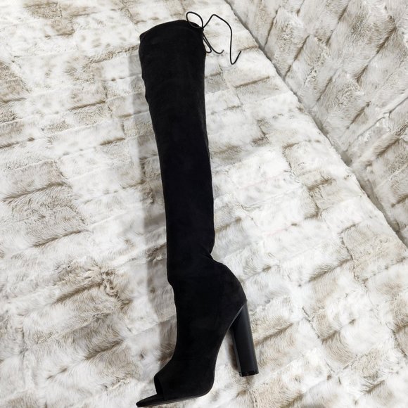 So MeBlack Faux Suede Stretch OTK Thigh Boot 4" Chunky Heels Size 6.5 - Picture 8 of 9